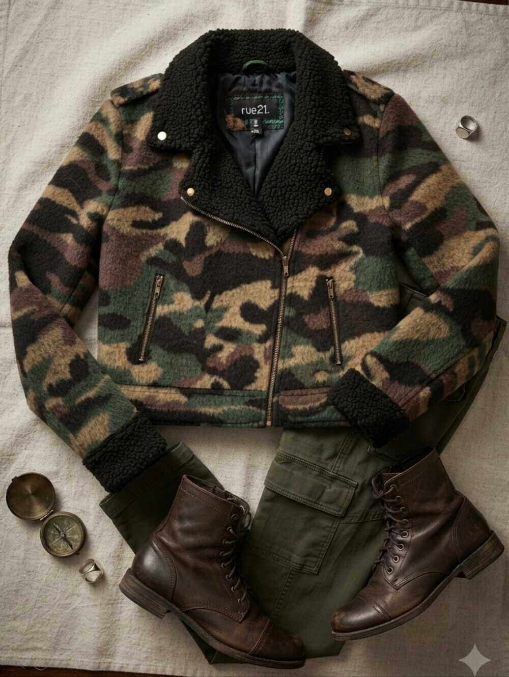 Rue21 Fuzzy Camo Black Sherpa Moto Style Jacket Coat